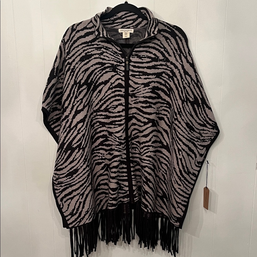 Christian Siriano Black and Taupe Zebra-Print Zip Poncho with Fringe